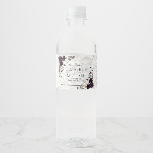 Plum Purple Gold Watercolor Marble Wedding Water Bottle Label (Front)