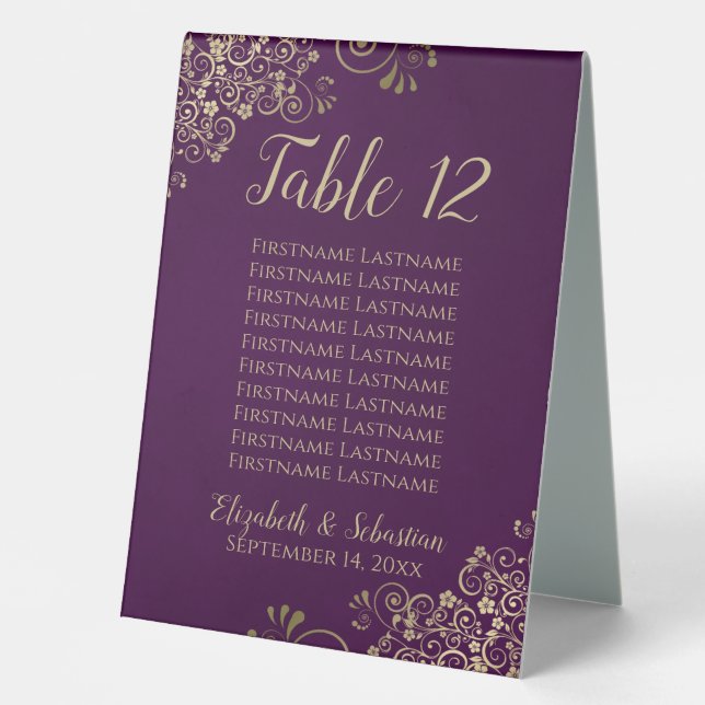 Plum Purple & Gold Wedding Table Number & Names (Front)