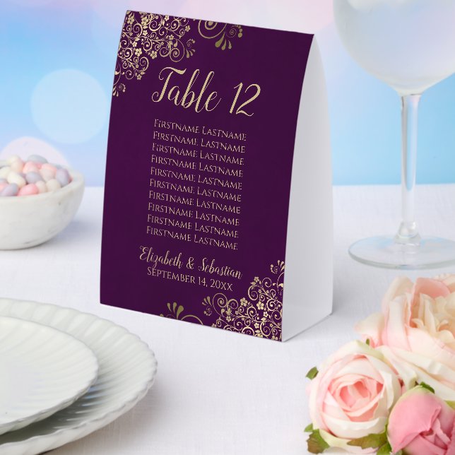Plum Purple & Gold Wedding Table Number & Names (Insitu(Wedding))