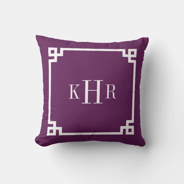 Plum Purple Greek Key Border Custom Monogram Cushion (Front)