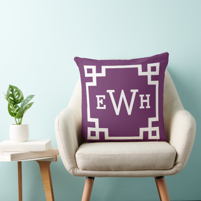 Plum Purple Greek Key Custom Monogram Initials Cushion (Chair)