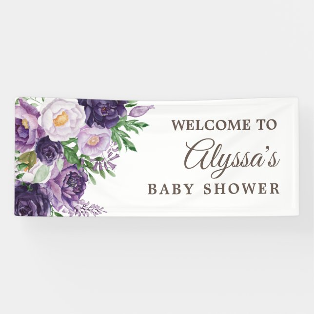 Plum Purple Greenery White Baby Shower Banner (Horizontal)