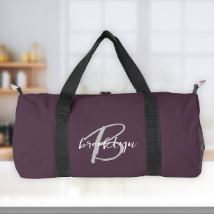 Plum Purple Grey White Script Monogram Duffle Bag