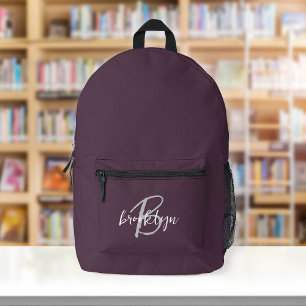 Plum Purple Grey White Script Monogram Printed Backpack