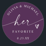 Plum Purple Her Favorite Script Wedding Treat Bag Classic Round Sticker<br><div class="desc">Moody and elegant,  these dark plum purple “Her Favorite” stickers feature soft white script and a heart accent. Perfect for romantic,  jewel-toned weddings,  and a beautiful match to the “His Favorite” version for stylish his and hers favors.</div>