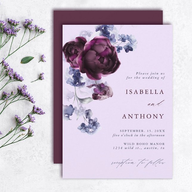 Plum Purple & Indigo Blue Elegant Floral Wedding Invitation (Creator Uploaded)