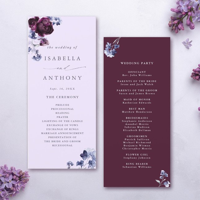 Plum Purple & Indigo Blue Elegant Floral Wedding  Programme (Front & Back)