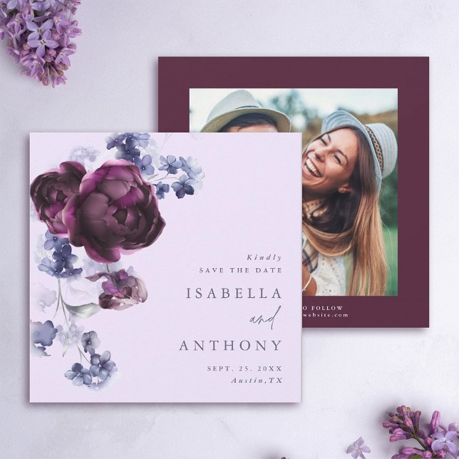 Plum Purple & Indigo Blue Elegant Floral Wedding  Save The Date (Front & Back)