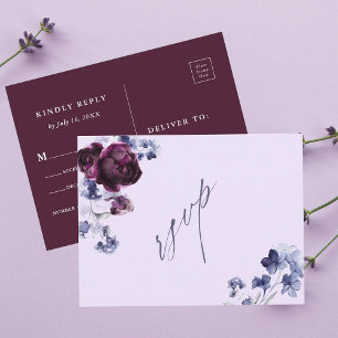 Plum Purple & Indigo Blue Floral Wedding RSVP Postcard