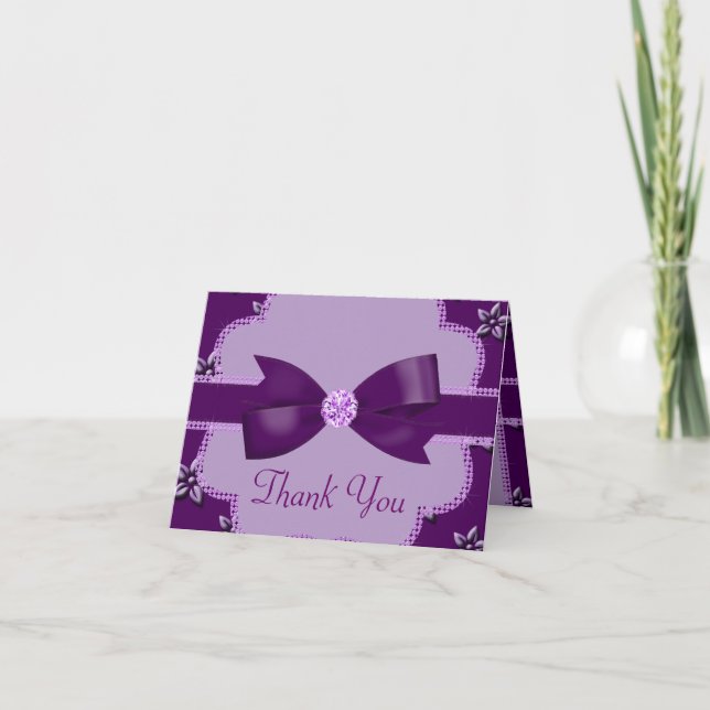 Plum Purple Island Flowers & Rhinestones Wedding Thank You Card (Front)