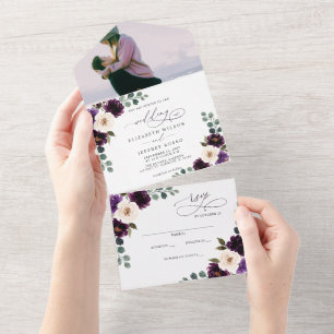 Plum Purple Ivory Eggplant Floral Photo Wedding  All In One Invitation