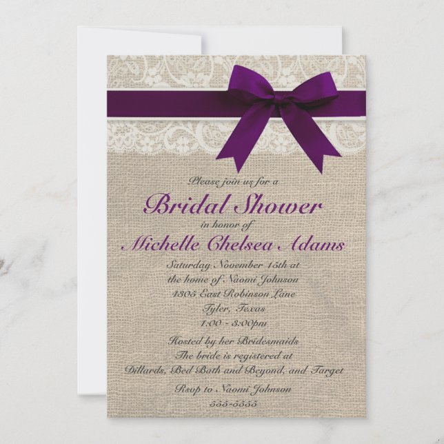 Plum Purple Lace Burlap Bridal Shower Invitation (Front)