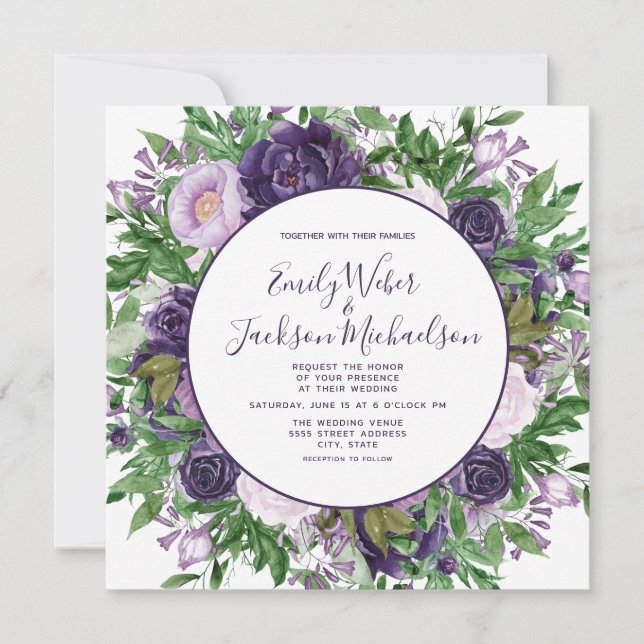Plum Purple Lavender Floral Greenery Wedding Invitation (Front)