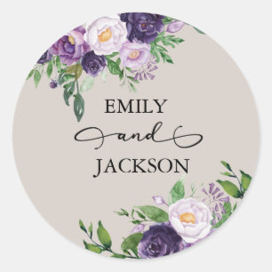 Plum Purple Lavender Greenery Grey Wedding Classic Round Sticker