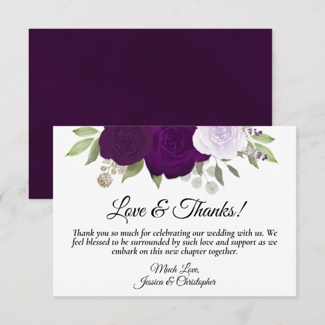Plum Purple & Lavender Roses Simple Boho Wedding Thank You Card (Front/Back)
