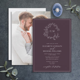 Plum Purple Leafy Crest Monogram Photo Wedding Invitation