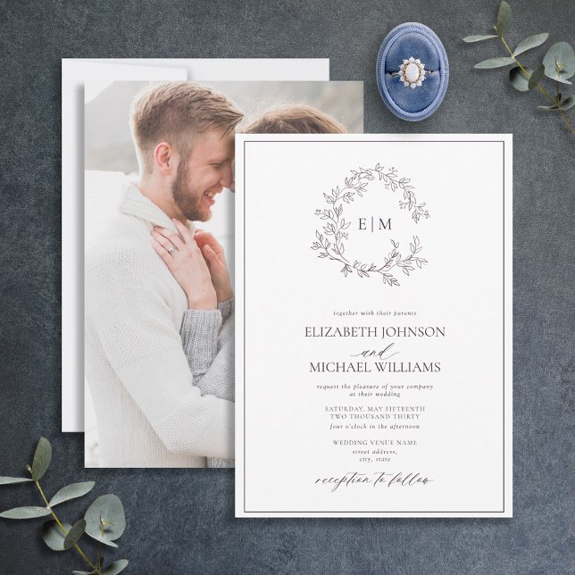 Plum Purple Leafy Crest Monogram Photo Wedding Invitation (Creator Uploaded)