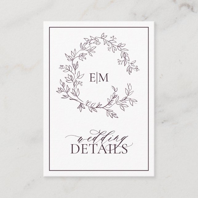 Plum Purple Leafy Crest Monogram Wedding Details Enclosure Card (Front)