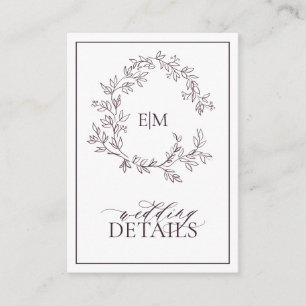 Plum Purple Leafy Crest Monogram Wedding Details Enclosure Card