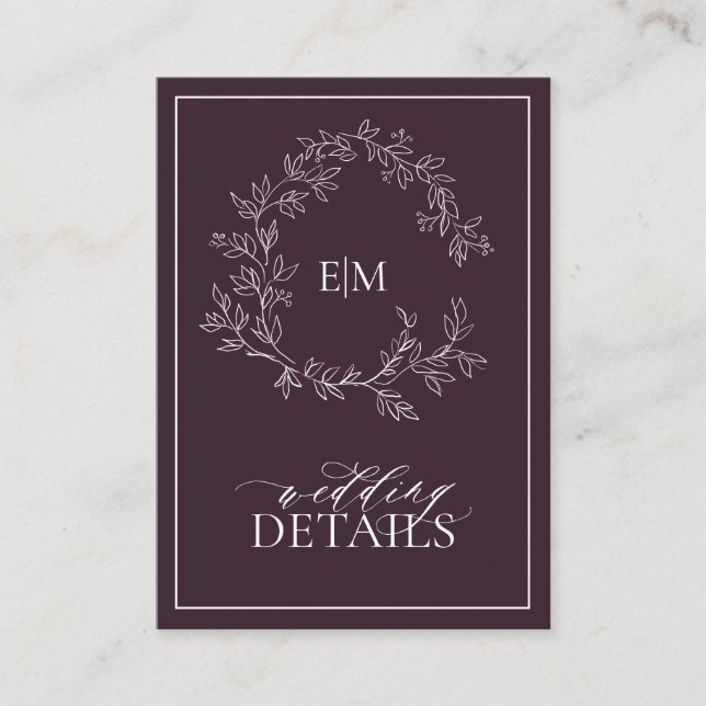Plum Purple Leafy Crest Monogram Wedding Details Enclosure Card (Front)
