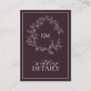Plum Purple Leafy Crest Monogram Wedding Details Enclosure Card