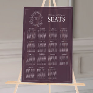 Plum Purple Leafy Crest Monogram Wedding Seating Acrylic Sign