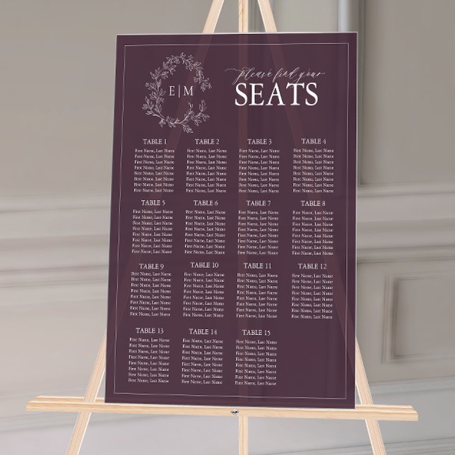 Plum Purple Leafy Crest Monogram Wedding Seating Acrylic Sign (Wedding Seating Chart!
)