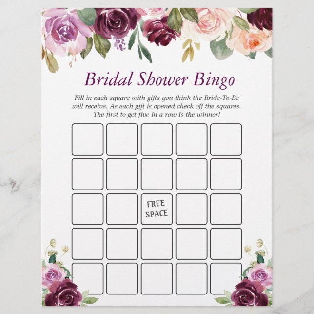 Plum Purple Love Floral Bridal Shower Bingo Game Flyer (Front)
