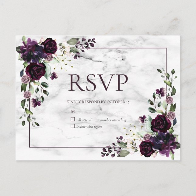Plum Purple Marble Fall Wedding No Menu RSVP (Front)