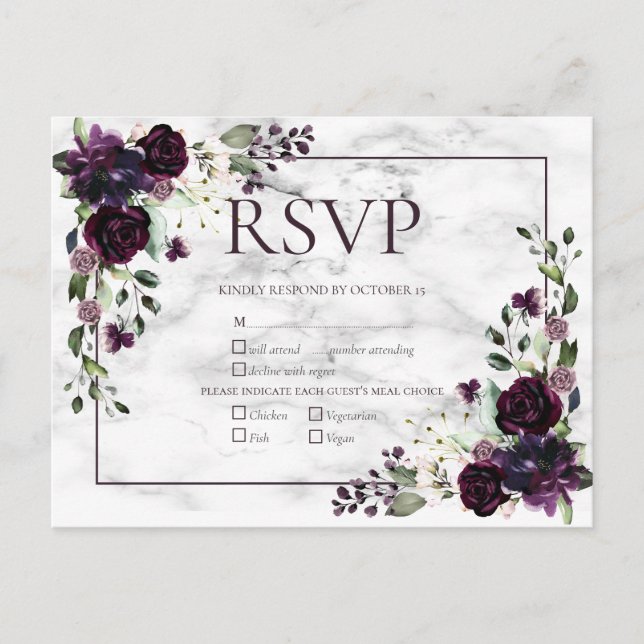 Plum Purple Marble Fall Wedding RSVP Invitati Invitation Postcard (Front)