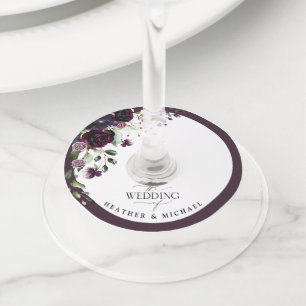 Plum Purple Mauve Floral Watercolor Script Wedding Wine Glass Tag