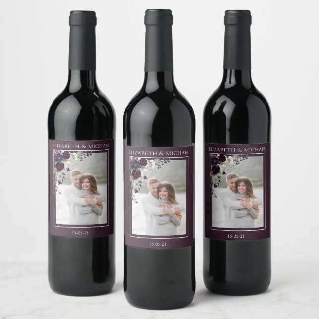 Plum Purple Mauve Floral Watercolor Wedding Wine Label (Bottles)