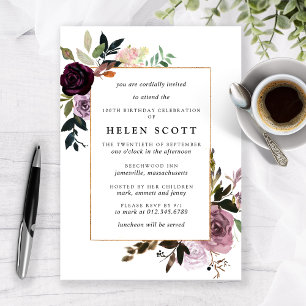 Plum Purple Mauve Pink Floral 100th Birthday Invitation