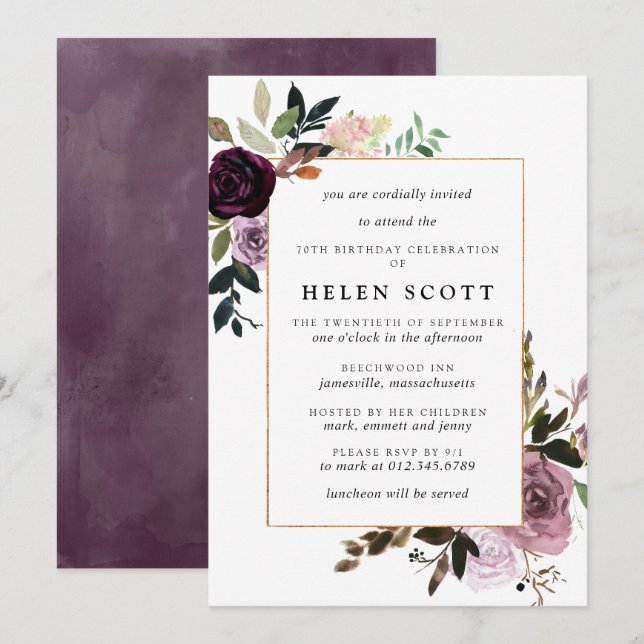 Plum Purple Mauve Pink Floral 70th Birthday Invitation (Front/Back)