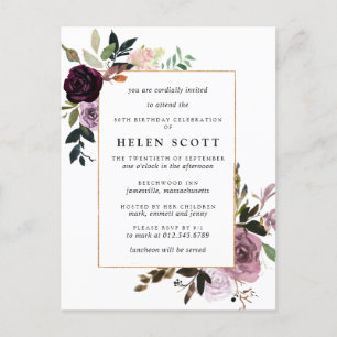 Plum Purple Mauve Pink Floral 80th Birthday Invitation Postcard