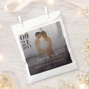 Plum Purple Minimalist Bold Type Photo Wedding Favour Bags