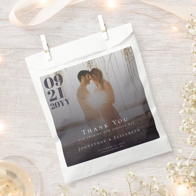 Plum Purple Minimalist Bold Type Photo Wedding Favour Bags (Clipped)