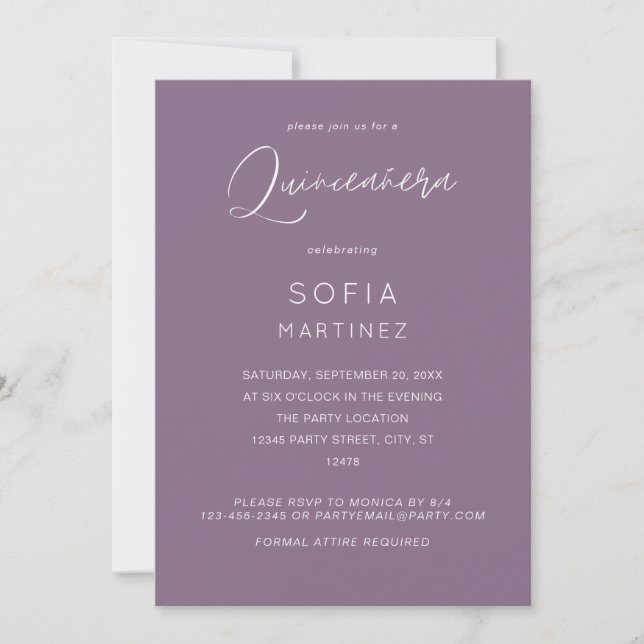 Plum Purple MOD Calligraphy Quinceanera Invitation (Front)