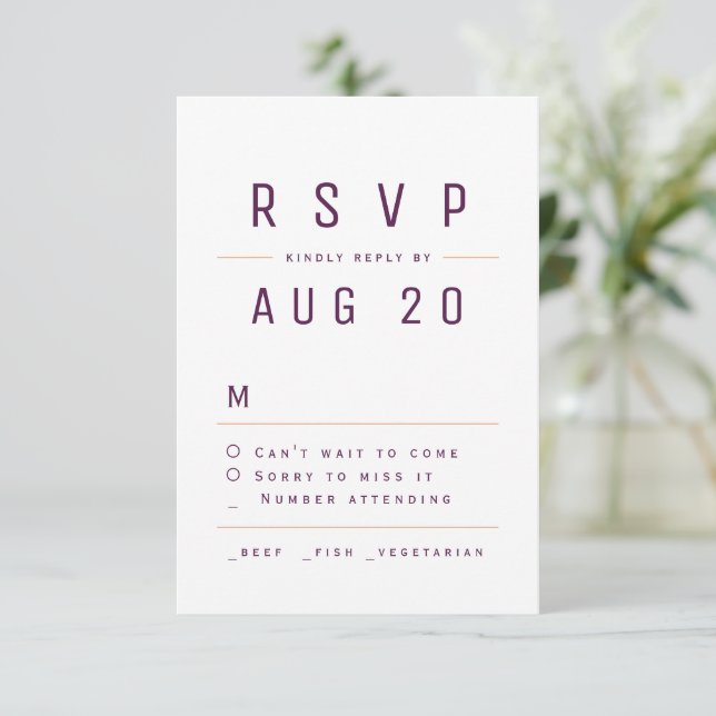 Plum Purple Modern Chic Simple Typography RSVP (Standing Front)