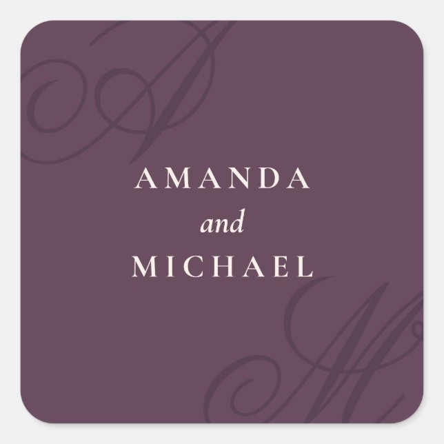 Plum Purple Modern Edge Elegant Monogram Wedding Square Sticker (Front)