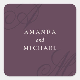 Plum Purple Modern Edge Elegant Monogram Wedding Square Sticker
