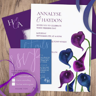 Plum Purple, Navy Blue Calla Lilies Wedding Invitation