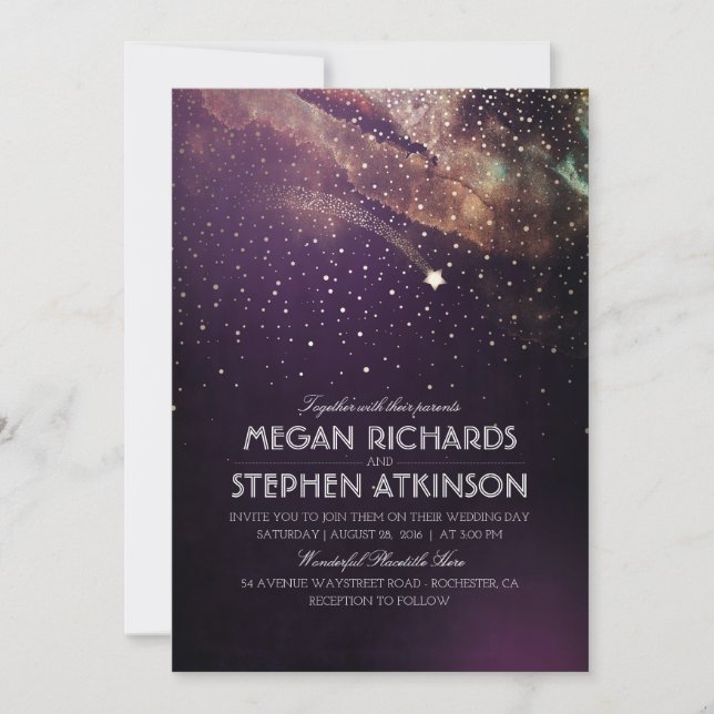 Plum Purple Night Gold Shooting Star Wedding Invitation (Front)