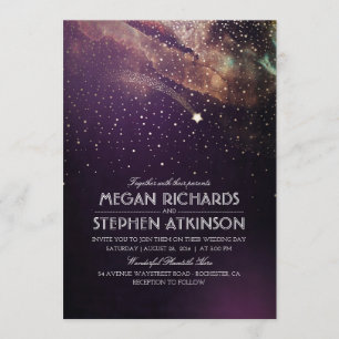 Plum Purple Night Gold Shooting Star Wedding Invitation