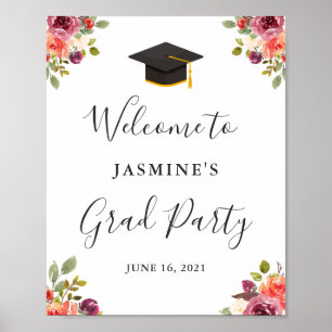 Plum Purple Orange Floral Graduation Welcome Sign