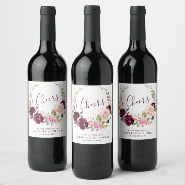 plum purple & peach floral script wedding wine label (Bottles)