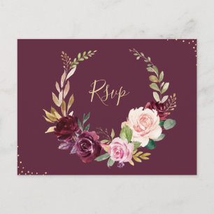 plum, purple & peach floral wreath RSVP Postcard