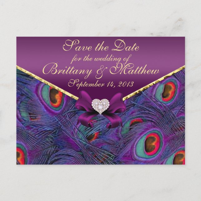 Plum Purple Peacock Save the Date Postcard (Front)