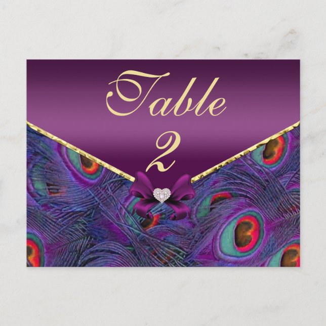Plum Purple Peacock Table Number Card (Front)