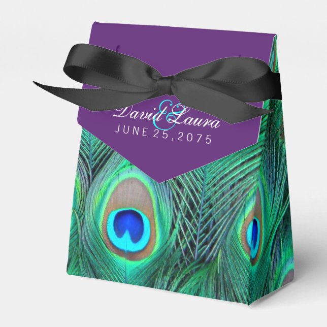 Plum Purple Peacock Wedding Favour Box (Front Side)